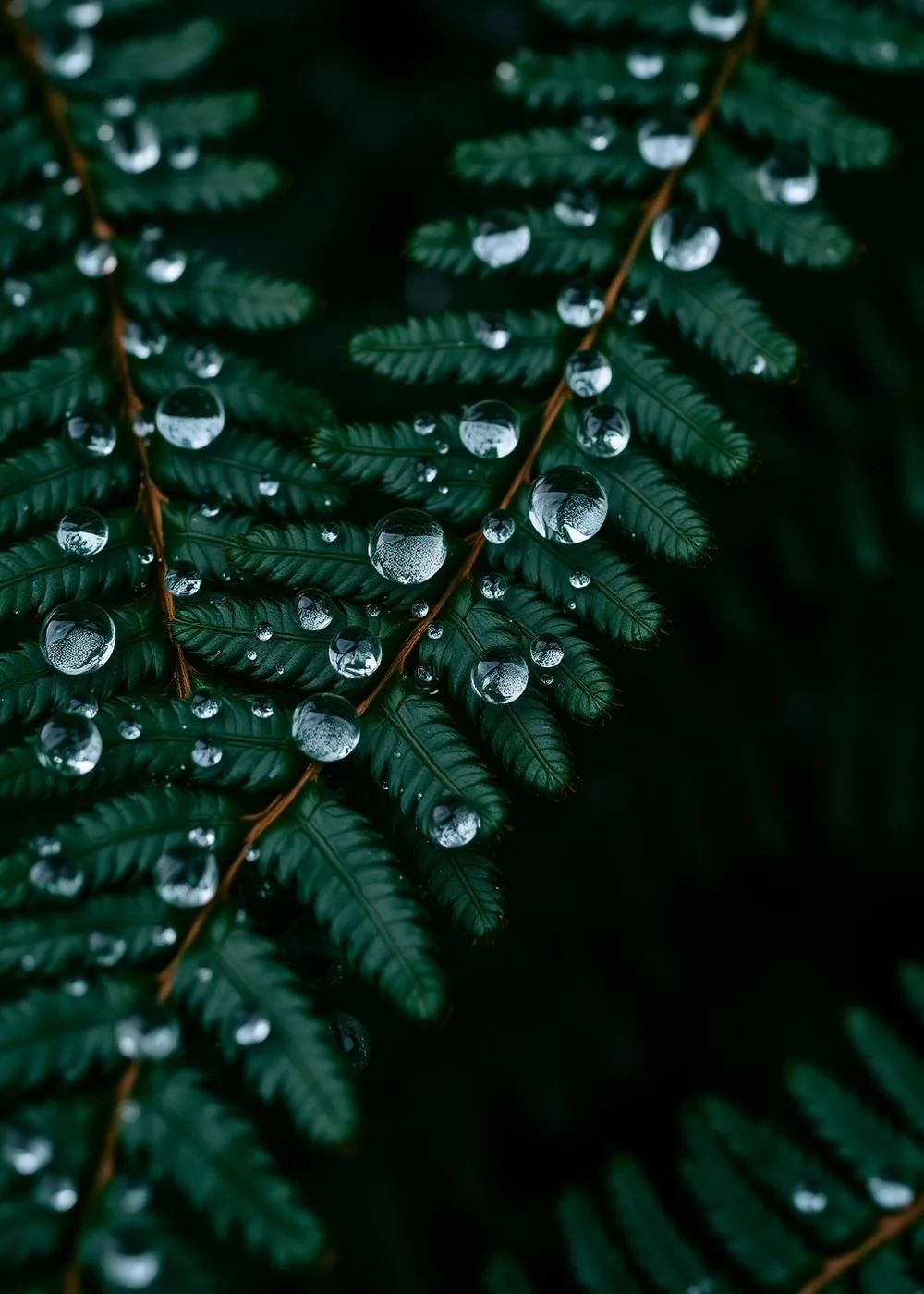 Dewdrops on evergreen fern leaves