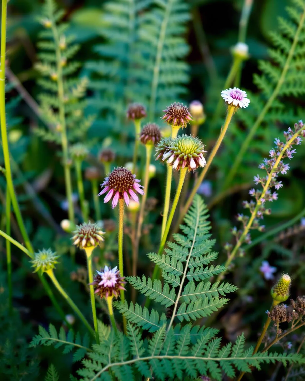 Wildflowers among ferns in soft evening light