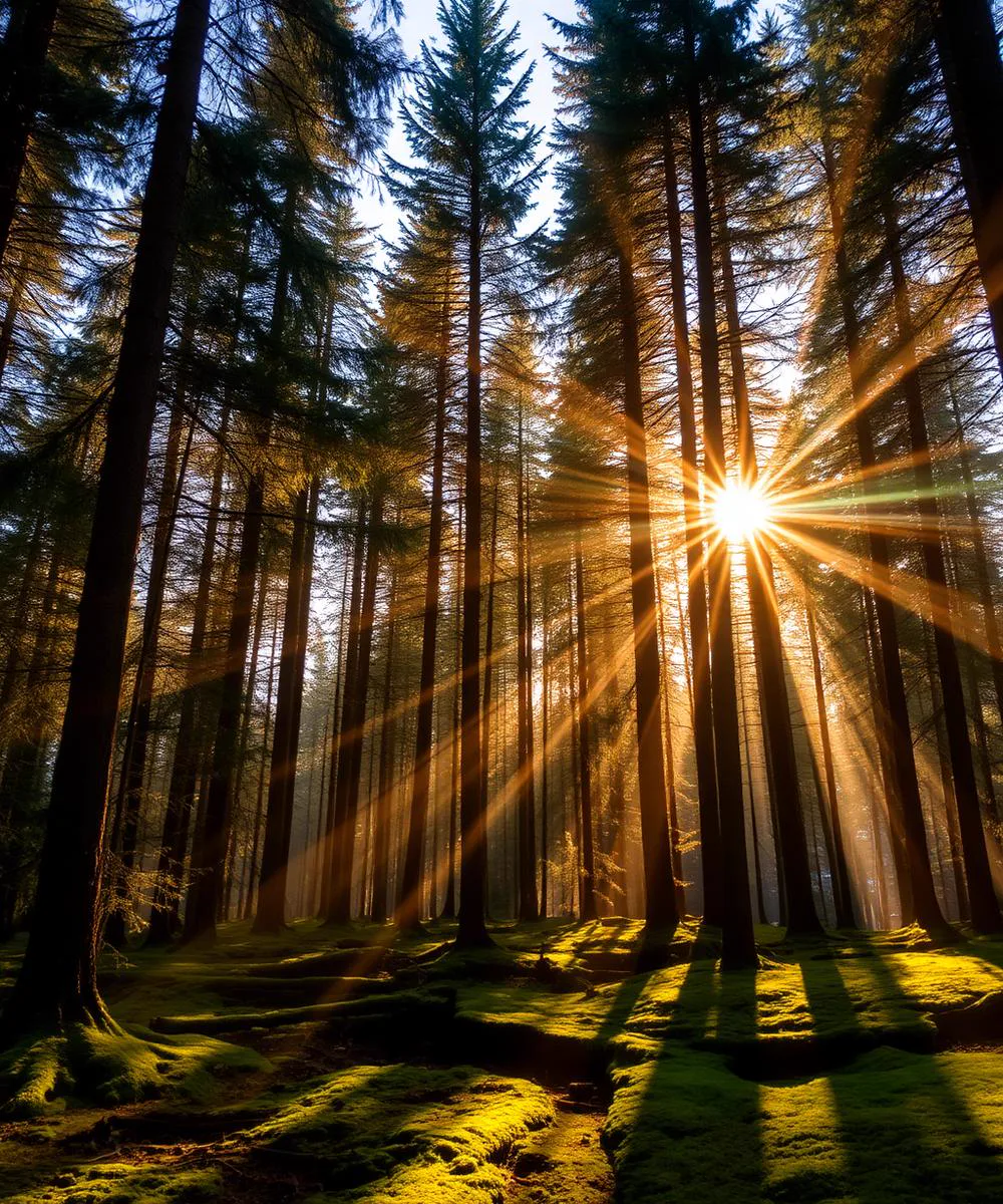 Golden light streaming through an evergreen forest
