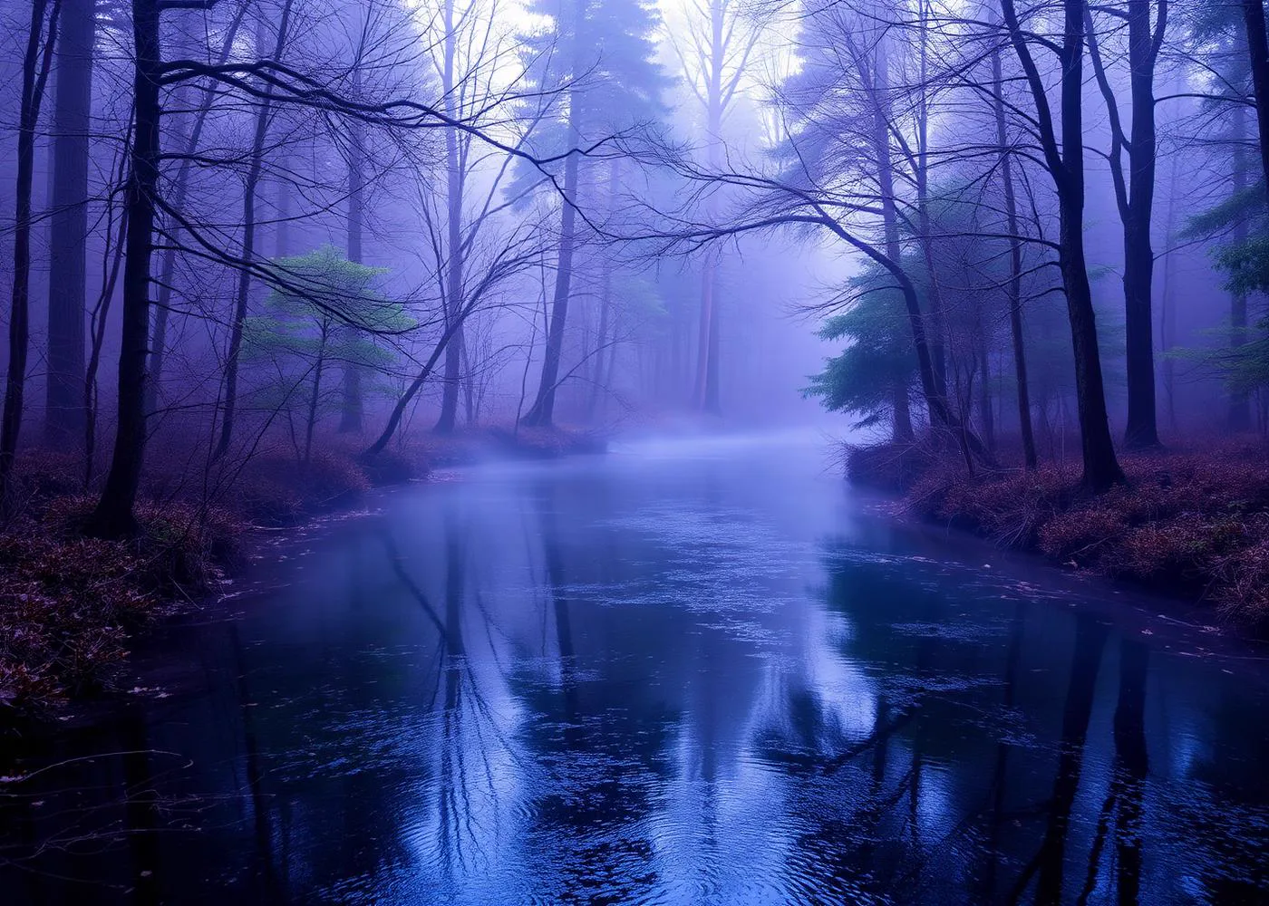 A quiet river running through misty forest at twilight