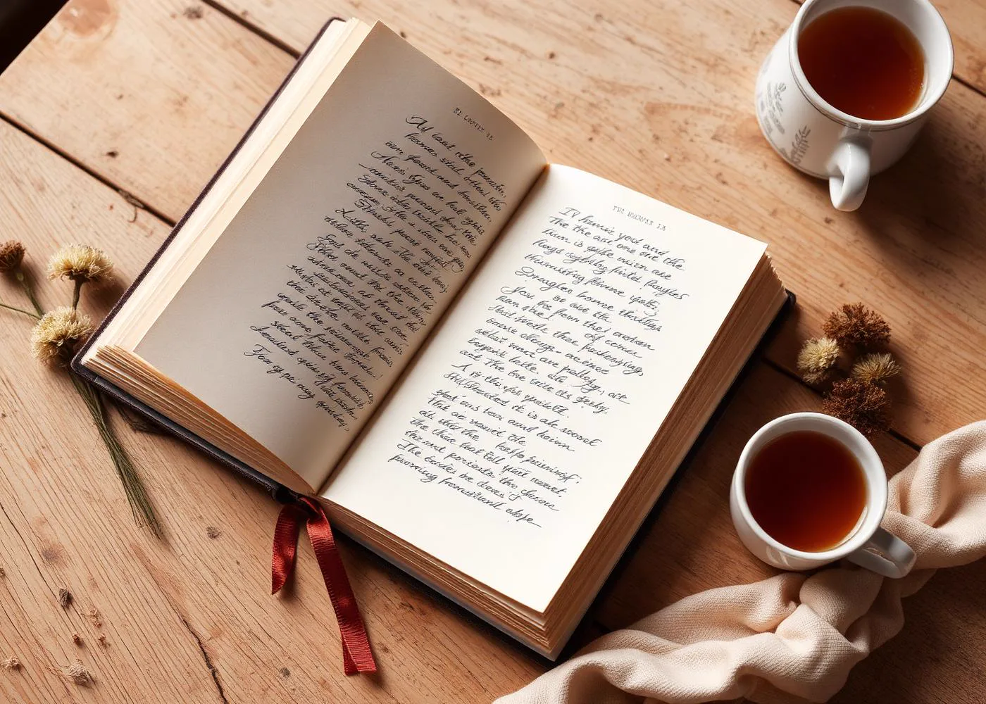 An open handwritten poetry journal beside dried flowers